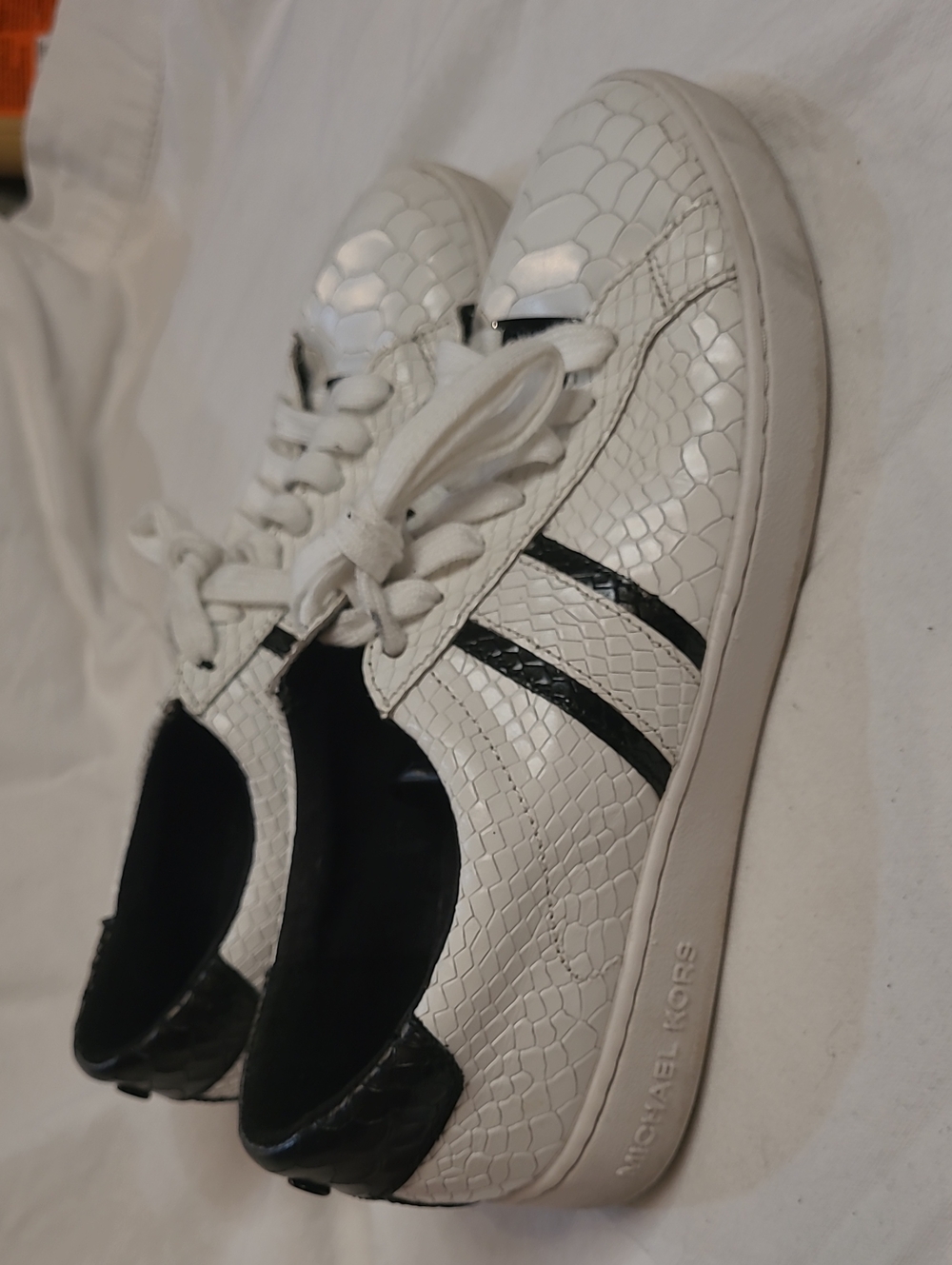 Michael Kors White Faux-Snakeskin Sneakers with Black Stripe Accents Size 8.5